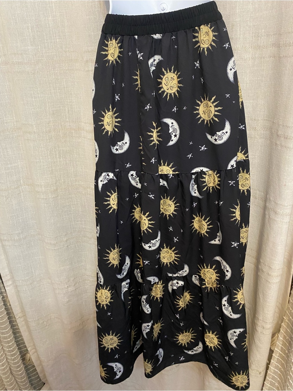Celestial Sun Moon Maxi Skirt 1XL Black Tiered Whimsigoth Drawstring - Picture 5 of 6